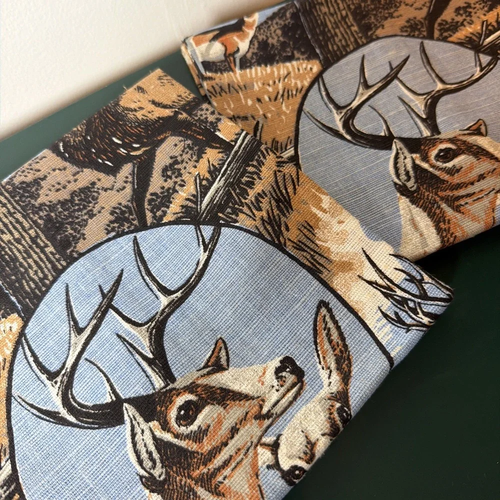 Vintage Linen Tea Towels Woodland Wildlife Animals Deer Elk Bison Cabin Decor 2